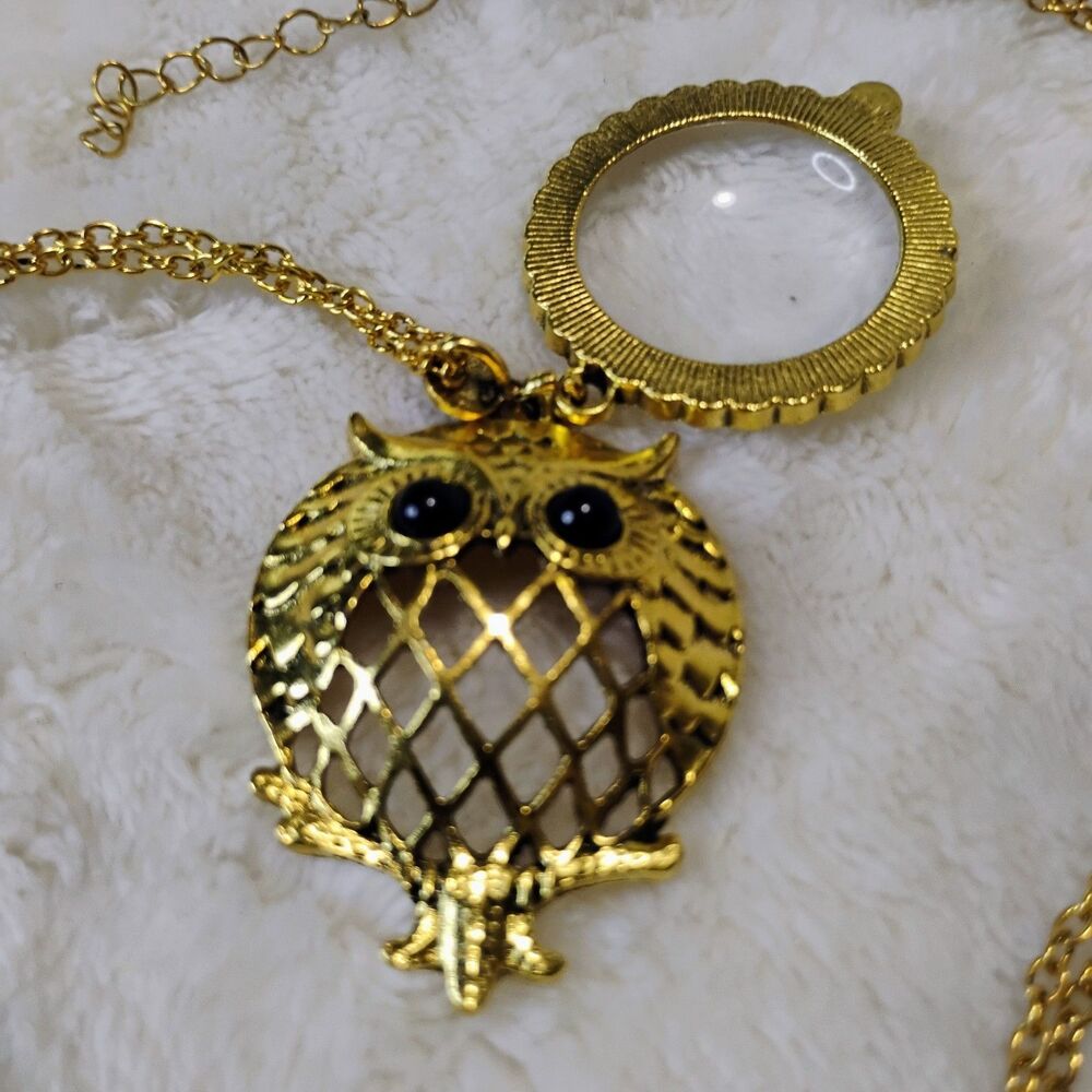 Owl Magnifying Glass Necklace Gold Tone - Long Whimsical Y2K Indie Dark Academia